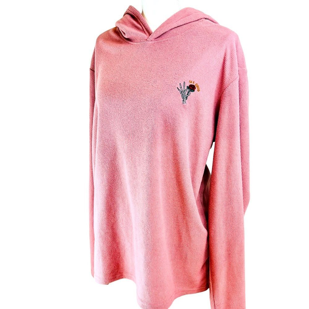PUBLIC RECORD Pink Waffle‎ Long Sleeve Hoodie Sz Large Shirt Rose Skeleton Hand